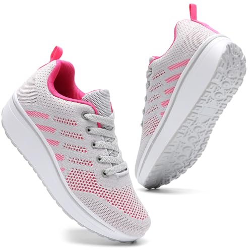 DADAWEN Women's Slip On Breathable Mesh Walking Tennis Shoes Lightweight Comfort Wedge Platform Casual Sneakers for Gym Travel Work Gray/Hot Pink US Size 8.5 - Image 1