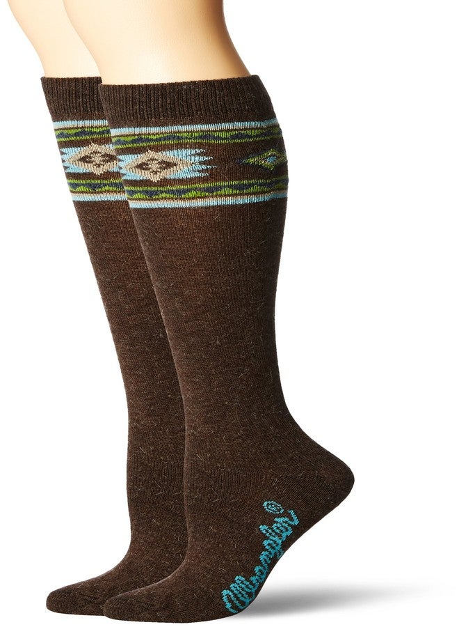 Wrangler Women's Ladies Angora Aztec Boot Socks 2 Pair Pack, Brown, Medium - Image 1