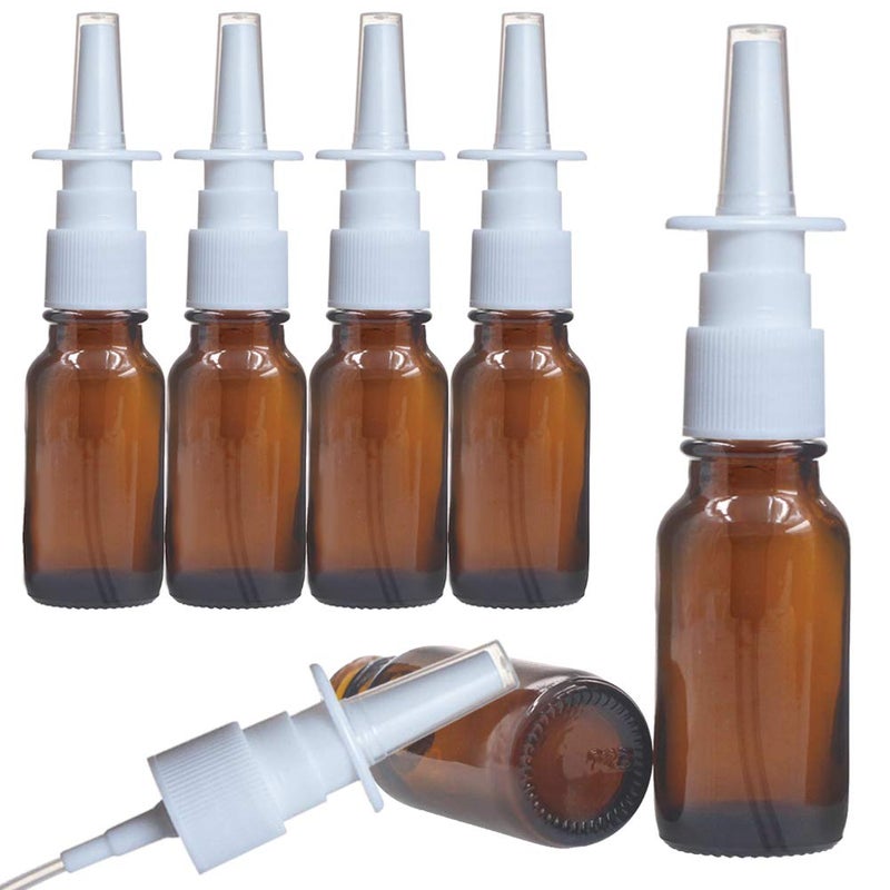 6 قطع (15 مل/0.5 أونصة) زجاجة رذاذ أنف زجاجية فارغة مستديرة باللون الكهرماني مع رأس رذاذ قابل لإعادة التعبئة محمولة لرذاذ رقيق حاويات أتموسفير للسفر والتعبئة الفرعية للفضة الغروية والملح.