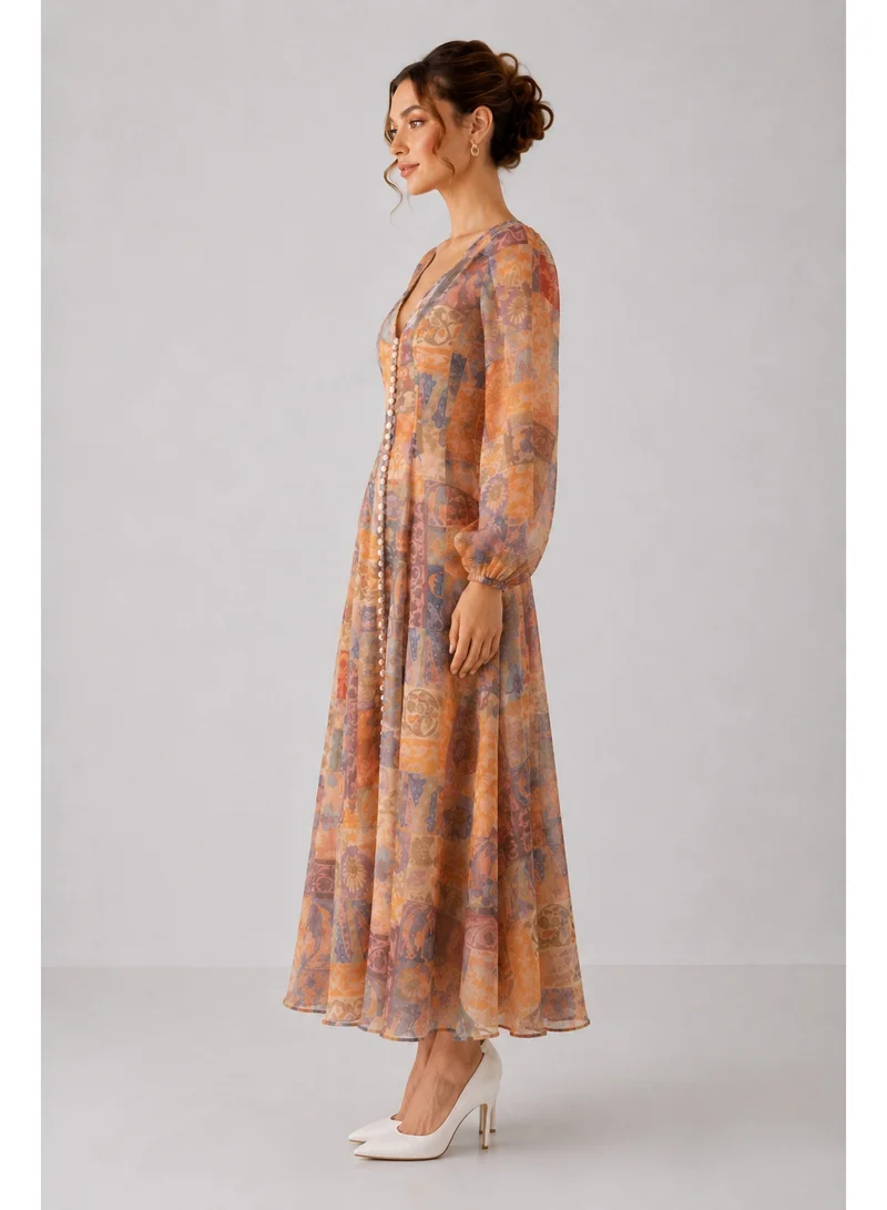 2Trendy Women's Orange Maxi Dress with Front Buttons, Puff Sleeves and Patchwork Print