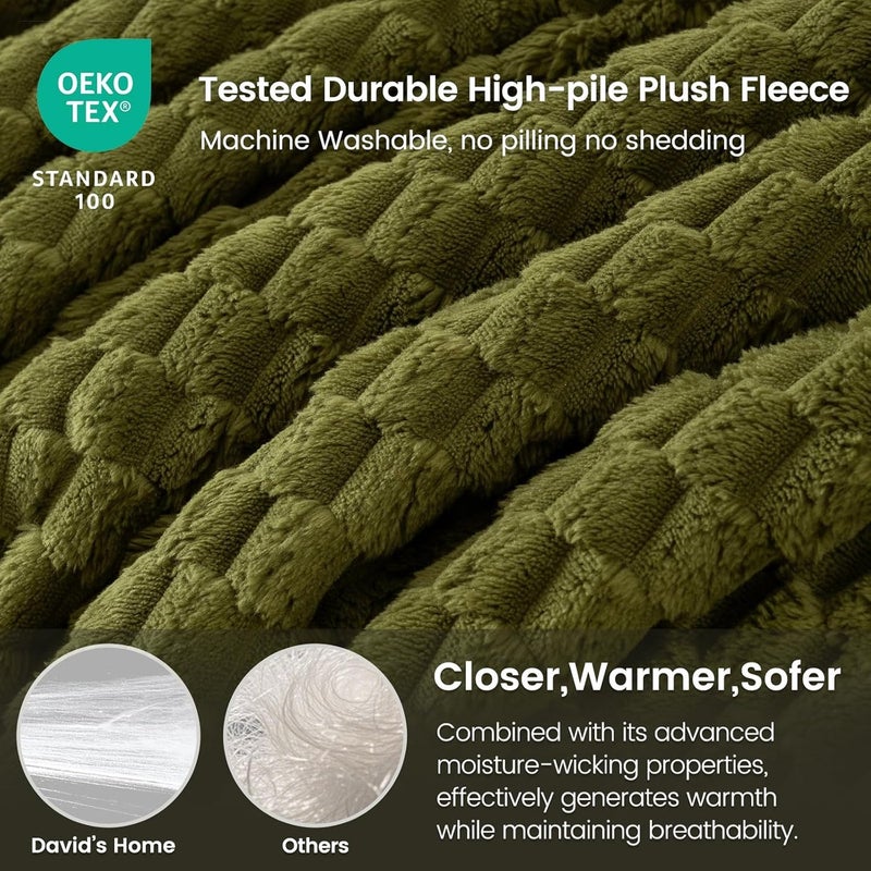 David's Home Twin size (165cm x 230cm) Ultra Soft Fleece Blanket Size, Lightweight 3D Jacquard Flannel Blanket, Fluffy & Plush Suitable for Bed Room Decor, Olive Green - Image 3