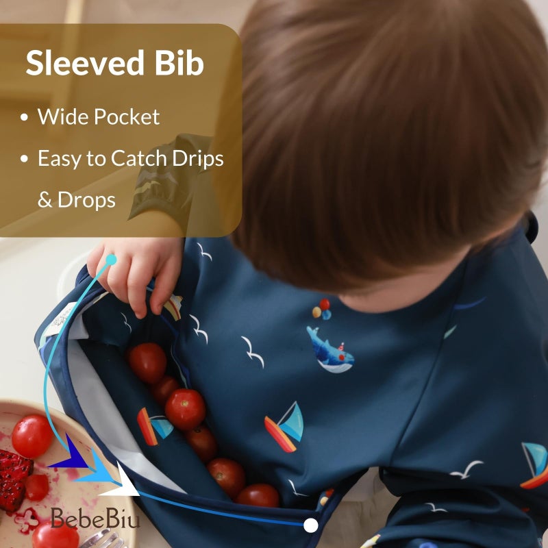 BebeBiu Long Sleeve Baby Bib, Waterproof Fabric, Full Coverage with Catch-All Pocket, Baby Smock Bib, Adjustable Sleeves Toddler bib for Ages 6-24 Months (Boats Maroon, Small 6-24 Months) - Image 2
