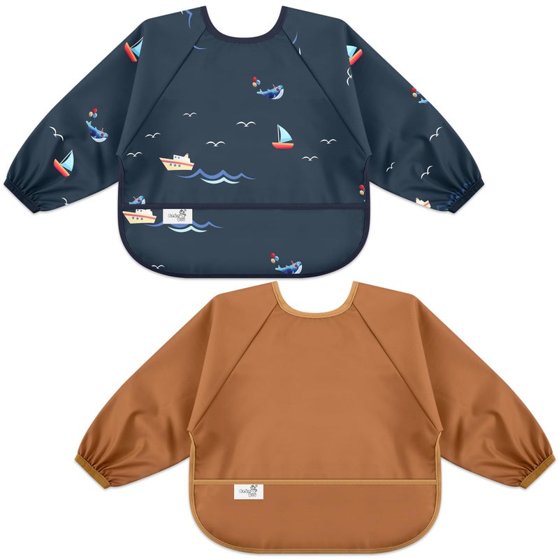 BebeBiu Long Sleeve Baby Bib, Waterproof Fabric, Full Coverage with Catch-All Pocket, Baby Smock Bib, Adjustable Sleeves Toddler bib for Ages 6-24 Months (Boats Maroon, Small 6-24 Months) - Image 1