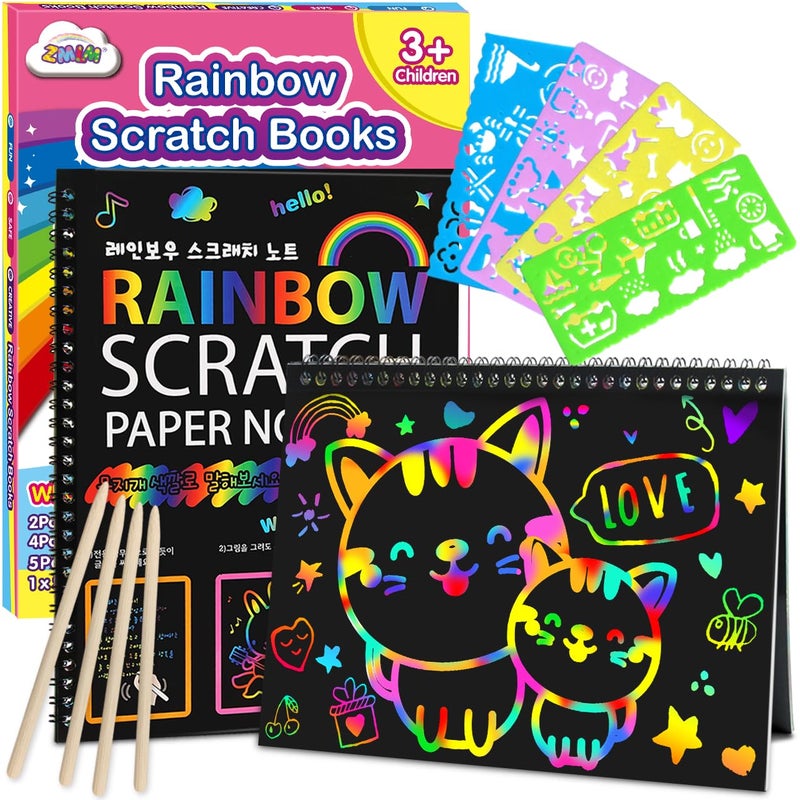 ZMLM Scratch Paper ArtCrafts Gift 2 Pack Rainbow Notebooks Supplies Toys Easter Basket Stuffers for 3 4 5 6 7 8 9 10 Years Old Girls and Boys Kids Valentines Day Birthday Party Travel Games Pink - Image 2