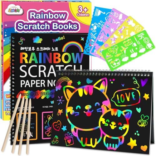 ZMLM Scratch Paper ArtCrafts Gift 2 Pack Rainbow Notebooks Supplies Toys Easter Basket Stuffers for 3 4 5 6 7 8 9 10 Years Old Girls and Boys Kids Valentines Day Birthday Party Travel Games Pink - Image 1