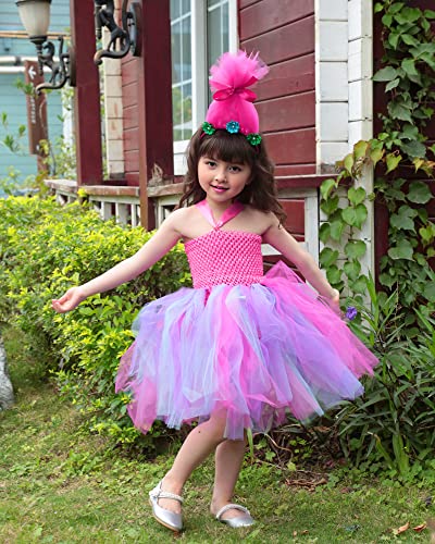 TYHTYM Trolls Costumes Little Girls Princess Poppy Cosplay Birthday Halloween Toddler Kids Baby Tutu Dresses with Headband Rose Red - Image 3