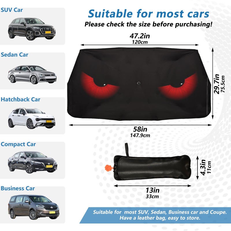 Dussdil Evil Eyes Car Windshield Sunshades Umbrella Red Eyes Window Sun Shade Visor Reflective Blocks UV Rays Protector Keep Cool Cover Foldable for Truck SUV Jeep - Image 3