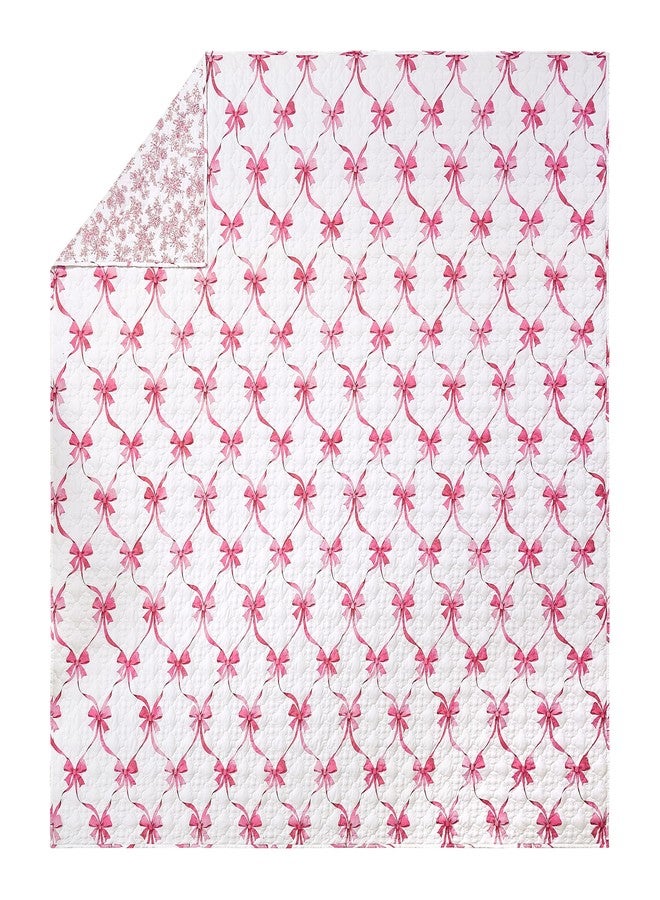 MODERN HEIRLOOM Pink and White Abigail Bow Reversible Quilt and Pillow Sham Set, Ultra Soft All Seasons Lightweight 2-Piece Quilt/Coverlet Set for Kids and Teens - Twin Size - Image 2