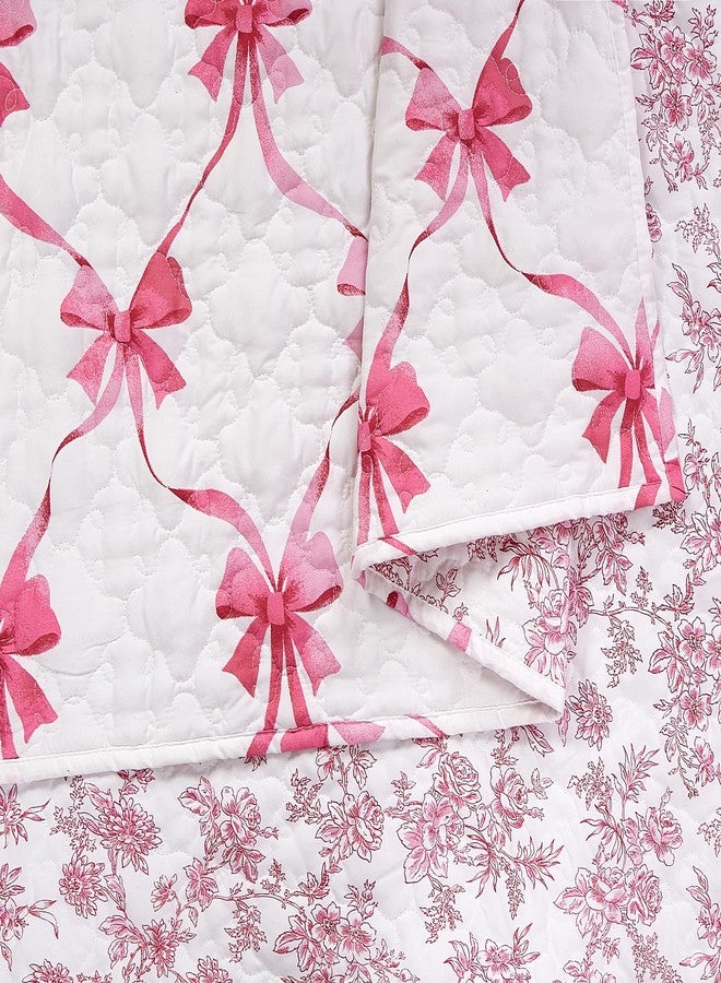 MODERN HEIRLOOM Pink and White Abigail Bow Reversible Quilt and Pillow Sham Set, Ultra Soft All Seasons Lightweight 2-Piece Quilt/Coverlet Set for Kids and Teens - Twin Size - Image 4