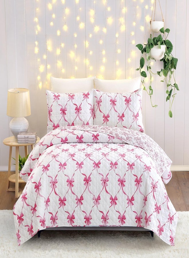 MODERN HEIRLOOM Pink and White Abigail Bow Reversible Quilt and Pillow Sham Set, Ultra Soft All Seasons Lightweight 2-Piece Quilt/Coverlet Set for Kids and Teens - Twin Size - Image 1