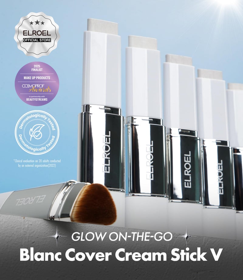 ELROEL Blanc Cover Cream Stick V White - Korean Color-Changing Foundation Stick with Volufiline - Medium to Full Coverage Dewy Finish Base Makeup - Dual-Ended with Detachable Brush (200 Fair) - Image 2