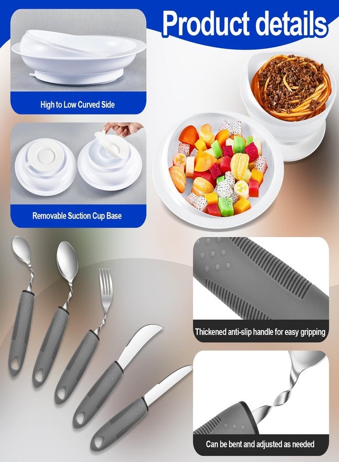Maxcheck 2 Sets Adaptive Utensils Bowl and Plate Set Adaptive Self Feeding Dinnerware with Suction Base Non Slip Bendable Cutlery for Elderly Disabled Hand Tremors Arthritis Parkinson(White) - Image 3