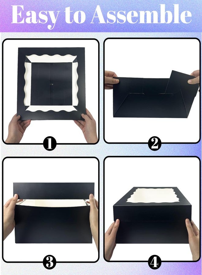 qiqee علبة كيك سوداء من qiqee مقاس 10×10×8، 4 مجموعات من علب الكيك بنافذة، و4 مجموعات من ألواح الكيك المستديرة مقاس 10 بوصات، وحاويات كيك مقاس 10 بوصات، و10 أمتار من شريط حريري وردي. - Image 5