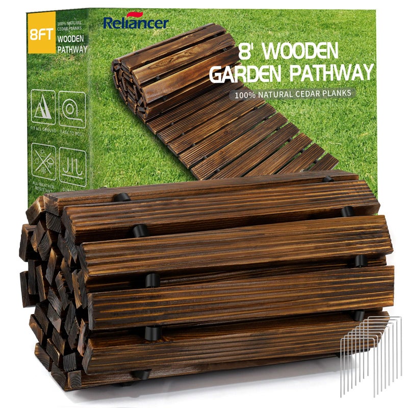 RELIANCER 8' Wooden Garden Pathway,Outdoor Roll Out Cedar Straight Walkway,Patio Path Decorative Garden Boardwalk Walkways,Weather-Resistant Roll Up Beach Wood Road Floor,Wedding Party Pathways - Image 1