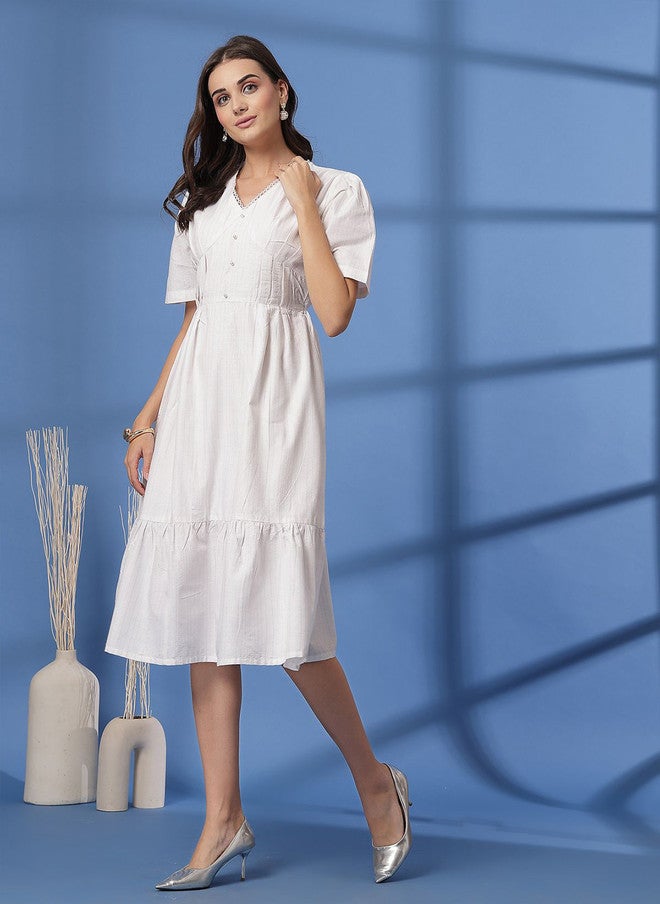 PlusS White Cotton Tiered Midi Dress for Women - Image 4