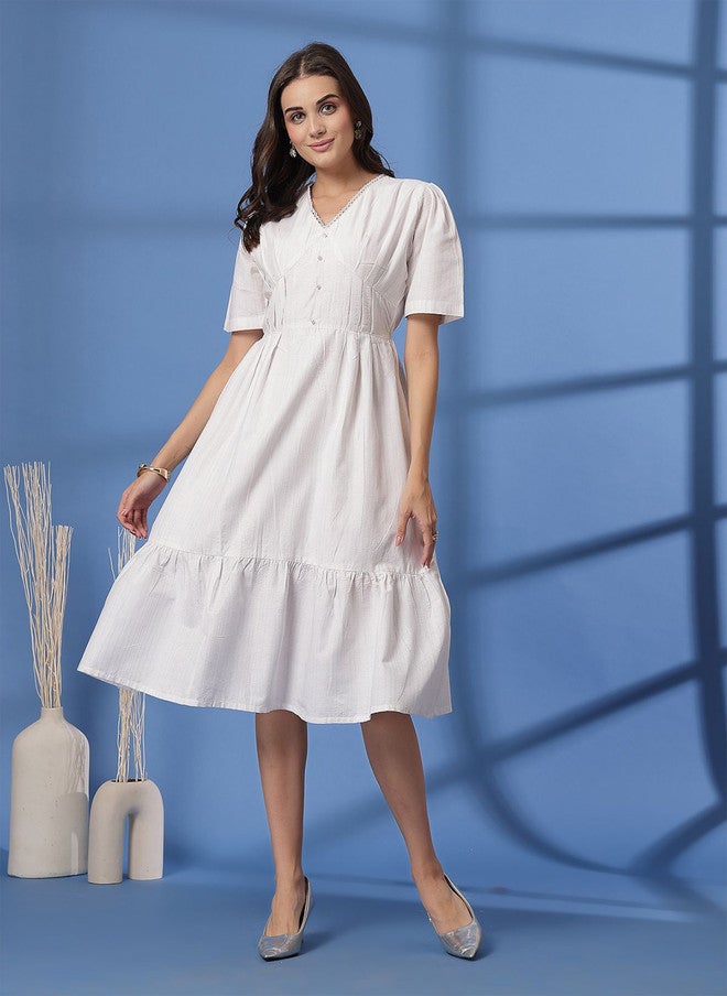 PlusS White Cotton Tiered Midi Dress for Women - Image 1