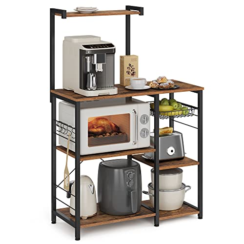 VASAGLE VASAGLE Bakers Rack Microwave Stand Kitchen Storage Rack with Wire Basket 6 Hooks and Shelves for Spices Pots and Pans Rustic Brown and Ink Black UKKS35X