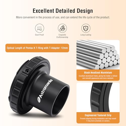 Astromania Telescope Photo Camera Adapter for Astrophotography, T Adapter (T-Mount) and T2 T Ring 1.25 inch Telescope Accessories for 42mm Pentax-K SLR/DSLR Cameras & 1.25 inches Astronomy Telescopes - Image 2