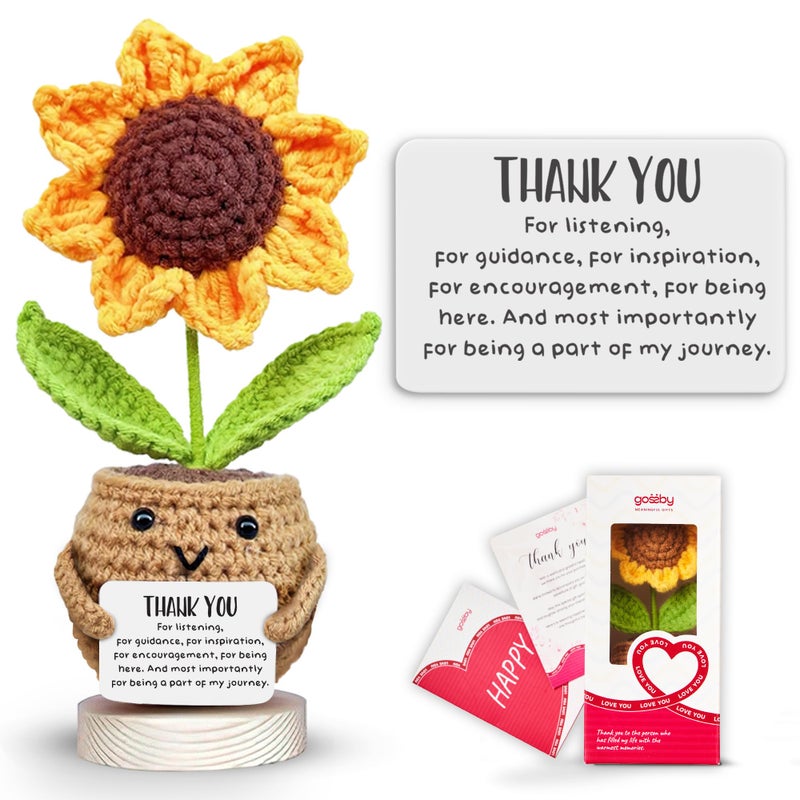Gossby Handmade Positive Sunflower Doll Crochet with Card Thank You for Listening Appreciation Gift for Coworker Friend Mothers Day Christmas Birthday Thank You Gift Women Men