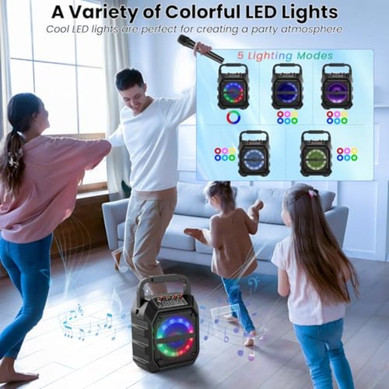 آلة كاريوكي مع ميكروفونين لاسلكيين، مكبر صوت بلوتوث محمول مع أضواء LED، نظام PA، يدعم بطاقة TF/USB للبالغين، للفتيات والأولاد والعائلات والحفلات المنزلية باللون الأسود الداكن - Image 2