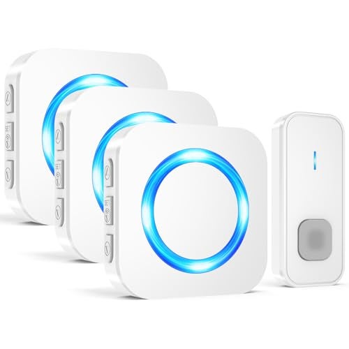 SURFOU Wireless Doorbell, Waterproof Doorbell Operating at 1300-ft Range with 55 Ringtones 5 Volume Levels and Mute Mode LED Flash,1 Transmitter/Push Button+3 Receivers Door Bells for Home Classroom(White) - Image 1