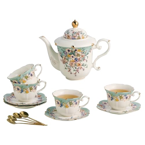 TATSUMI Country Roses Porcelain Tea Set, European Ceramic tea set for adults,Vintage Style, For Women and Tea Parties (Dutch Blue, 13 Pieces Set) - Image 1