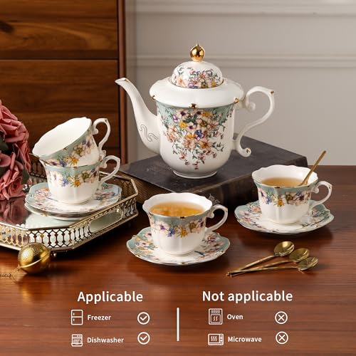 TATSUMI Country Roses Porcelain Tea Set, European Ceramic tea set for adults,Vintage Style, For Women and Tea Parties (Dutch Blue, 13 Pieces Set) - Image 3