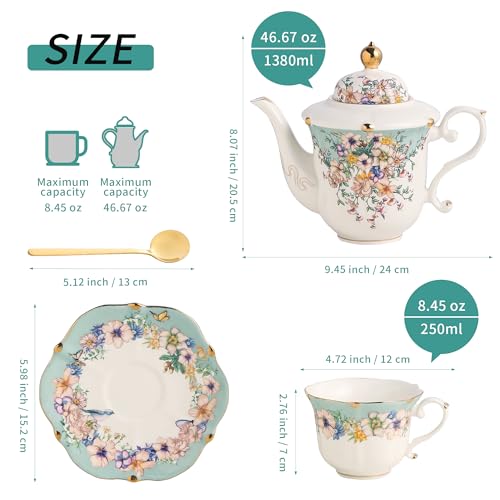 TATSUMI Country Roses Porcelain Tea Set, European Ceramic tea set for adults,Vintage Style, For Women and Tea Parties (Dutch Blue, 13 Pieces Set) - Image 2