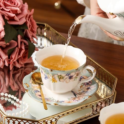 TATSUMI Country Roses Porcelain Tea Set, European Ceramic tea set for adults,Vintage Style, For Women and Tea Parties (Dutch Blue, 13 Pieces Set) - Image 4