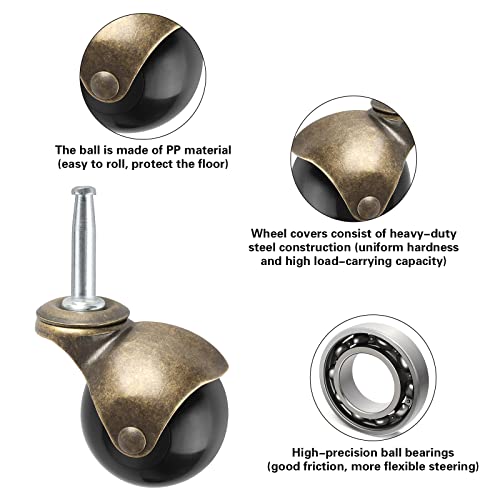 Apllamo Brass Vintage Antique 2" Ball Caster Wheels - Set of 4 Heavy Duty, 5/16" x 1 1/2" (8 x 38mm) Wheels with Sleeve for Furniture, Chairs, Cabinets - Image 2