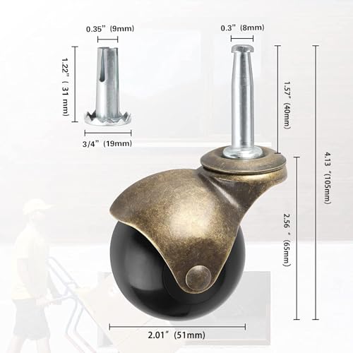 Apllamo Brass Vintage Antique 2" Ball Caster Wheels - Set of 4 Heavy Duty, 5/16" x 1 1/2" (8 x 38mm) Wheels with Sleeve for Furniture, Chairs, Cabinets - Image 5