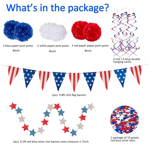 jollylife 29PCS 4th/Fourth of July Patriotic Decorations Set - Red White Blue Paper Fans,USA Flag Pennant,Star Streamer,Pom Poms,Hanging Swirls Party Decor Supplies - Image 4