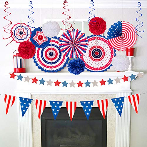 jollylife 29PCS 4th/Fourth of July Patriotic Decorations Set - Red White Blue Paper Fans,USA Flag Pennant,Star Streamer,Pom Poms,Hanging Swirls Party Decor Supplies - Image 5