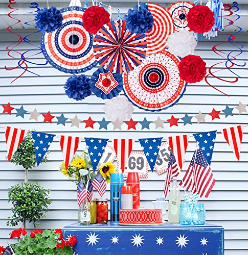 jollylife 29PCS 4th/Fourth of July Patriotic Decorations Set - Red White Blue Paper Fans,USA Flag Pennant,Star Streamer,Pom Poms,Hanging Swirls Party Decor Supplies - Image 2