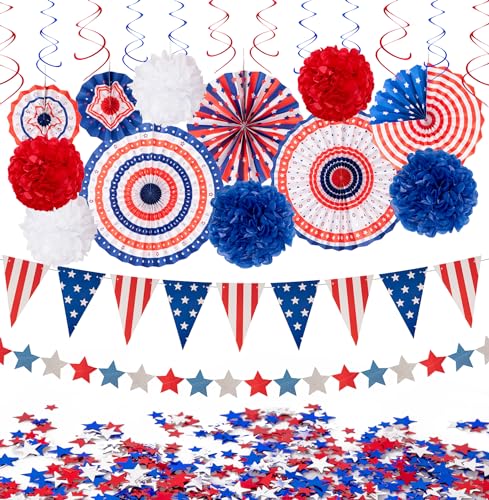 jollylife 29PCS 4th/Fourth of July Patriotic Decorations Set - Red White Blue Paper Fans,USA Flag Pennant,Star Streamer,Pom Poms,Hanging Swirls Party Decor Supplies - Image 1