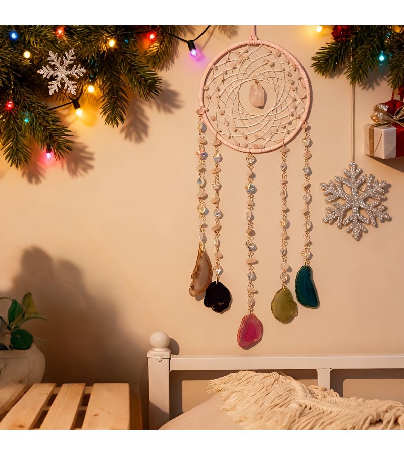 Handmade Natural Pink Crystal Agate Dreamcatcher Wall Decor Bedroom Living Room Home Outdoor Garden Gothic Party Romantic Gift - Image 1
