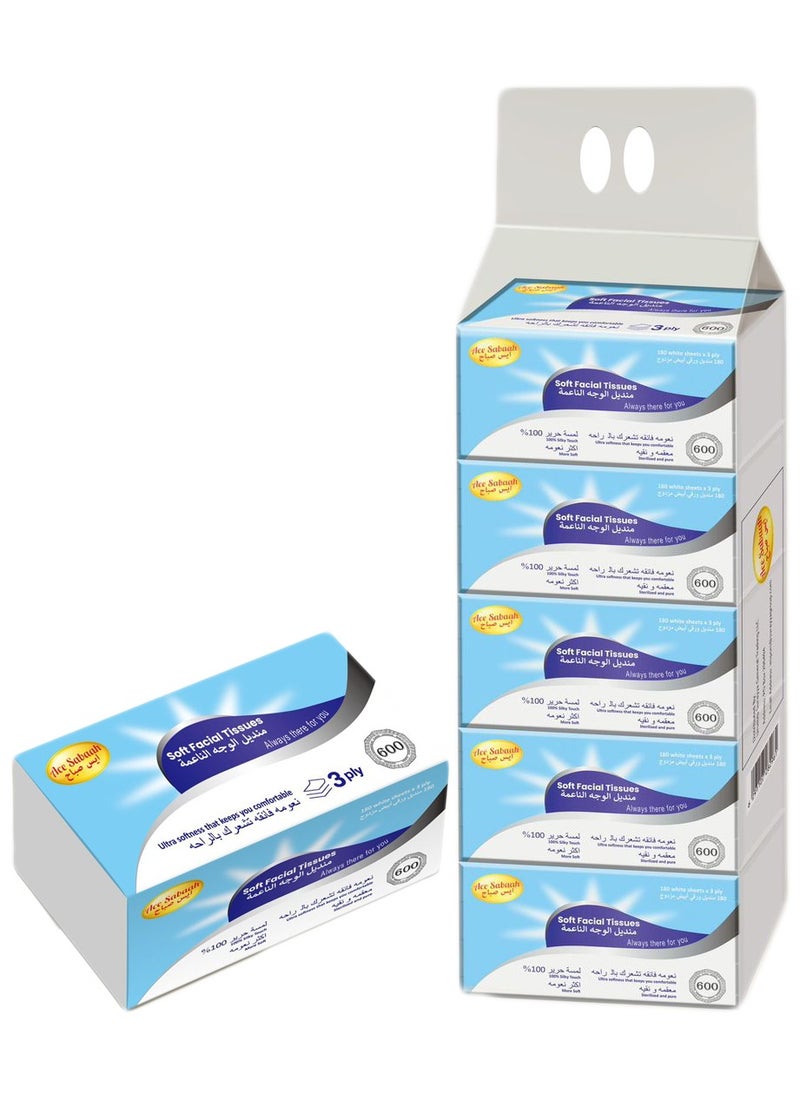 Ace Sabaah Ace Sabaah Soft Facial Tissues 540 White Sheets X 3 ply, Pack of 5  - Image 1