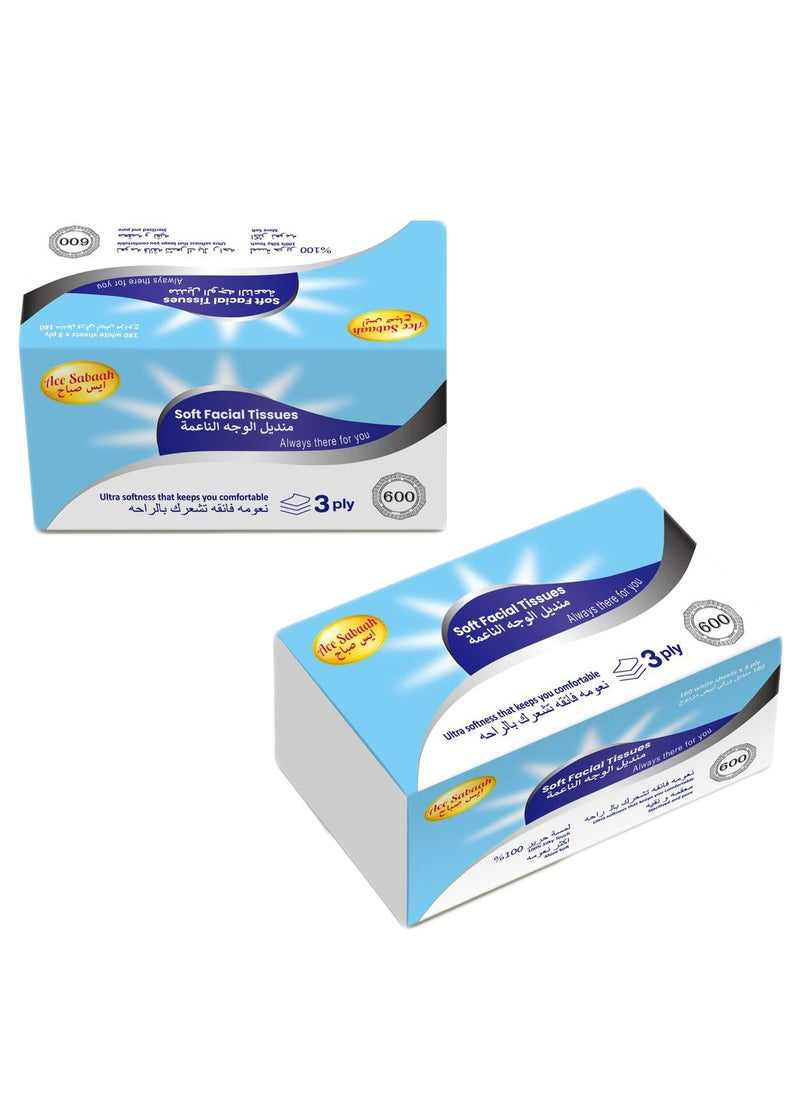 Ace Sabaah Ace Sabaah Soft Facial Tissues 540 White Sheets X 3 ply, Pack of 5  - Image 2