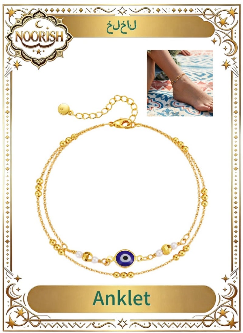 NOORISH Evil Eye Blue Anklet, 18K Gold Plated Multi-layer Chain Foot Jewelry, Tarnish Resistant Layered Anklet for Women, Beach Gift - Image 1