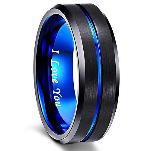 Greenpod 8mm Mens Black Tungsten Ring with Thin Blue Groove Beveled Edge Engraved I Love You Comfort Fit Size 9.5 - Image 1