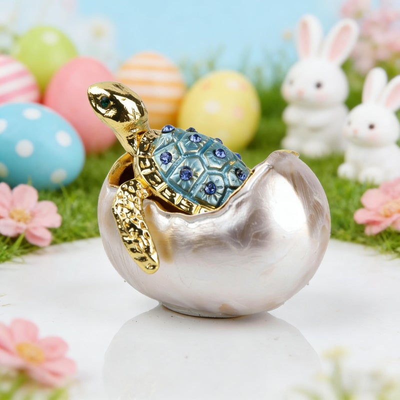 SEVENBEES Hand Painted Bejeweled Turtle Jewelry Trinket Box Hinged Ring Holder Tortoise Animal Figurine - Hatching Baby Sea Turtle Easter Decor Gifts for Friends Sisters Daughter Mother - Image 1