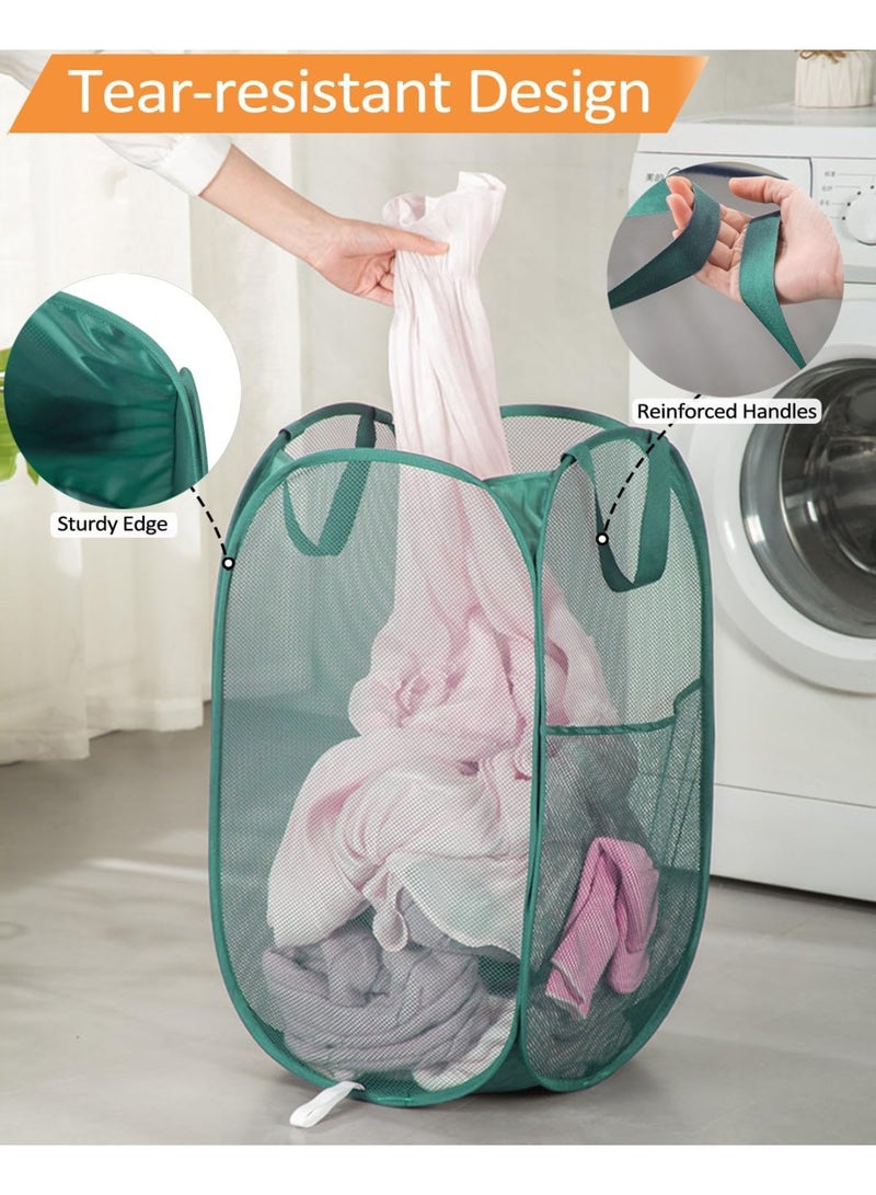 YelaJoy 2 Pack Durable Collapsible Laundry Baskets - Reinforced Mesh Pop Up Laundry Hamper with Pocket, Foldable Dirty Clothes Hamper with Carry Handles for Laundry, Bathroom, Kids Room, Dorm or Travel Green - Image 3