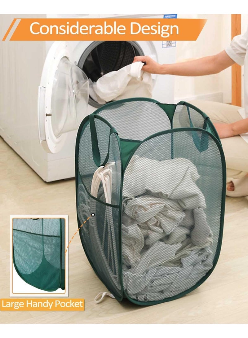 YelaJoy 2 Pack Durable Collapsible Laundry Baskets - Reinforced Mesh Pop Up Laundry Hamper with Pocket, Foldable Dirty Clothes Hamper with Carry Handles for Laundry, Bathroom, Kids Room, Dorm or Travel Green - Image 5
