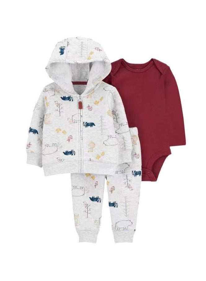 RedMapleTEK Baby Boy And Girl Sweater Jacket Hooded Coat Long-Sleeved Jumpsuit Baby Three-Piece Set  - Image 1