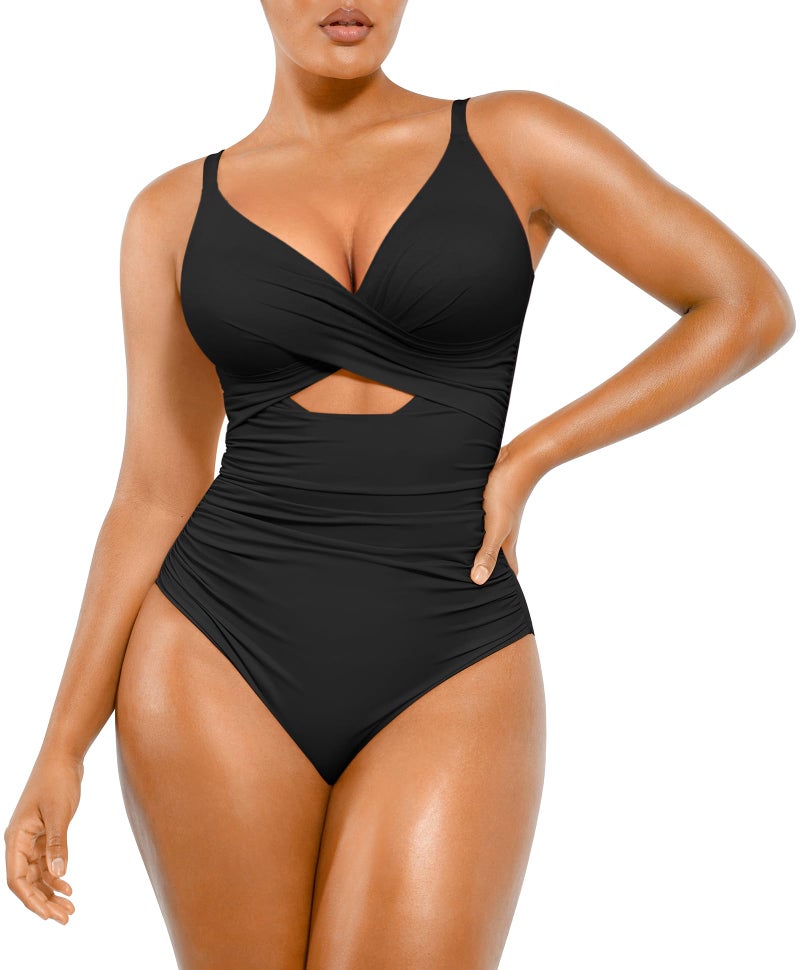 SHAPELLX Tummy Control Swimsuits Women Black One Piece Bathing Suit Tummy Control Swim Suits Ruched (Black,XX-Large) - Image 1