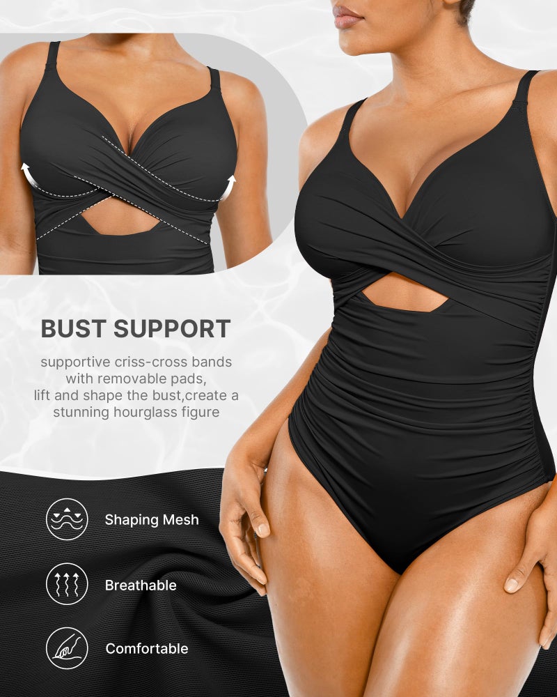SHAPELLX Tummy Control Swimsuits Women Black One Piece Bathing Suit Tummy Control Swim Suits Ruched (Black,XX-Large) - Image 3
