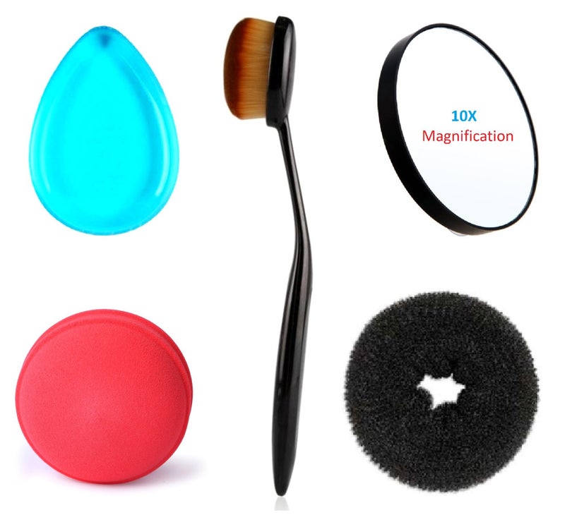Out Of Box Foundation Concealer Oval Blending Brush, Round Blender, Silicone Makeup Applicator, 10x Magnification Hand Size Makeup Mirror, Bun Maker Medium Size (Set Of 5) - Image 1