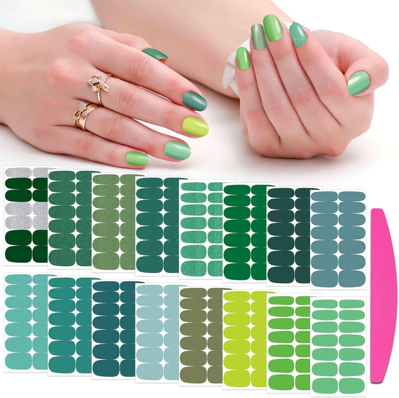 SILPECWEE Green Nail Wraps Spring Nail Polish Strips for Women Solid Color Self Adhesive Nail Polish Stickers Gel Nail Strips Fingernail Manicure Sticker with 1pc Nail File (16 Sheets)