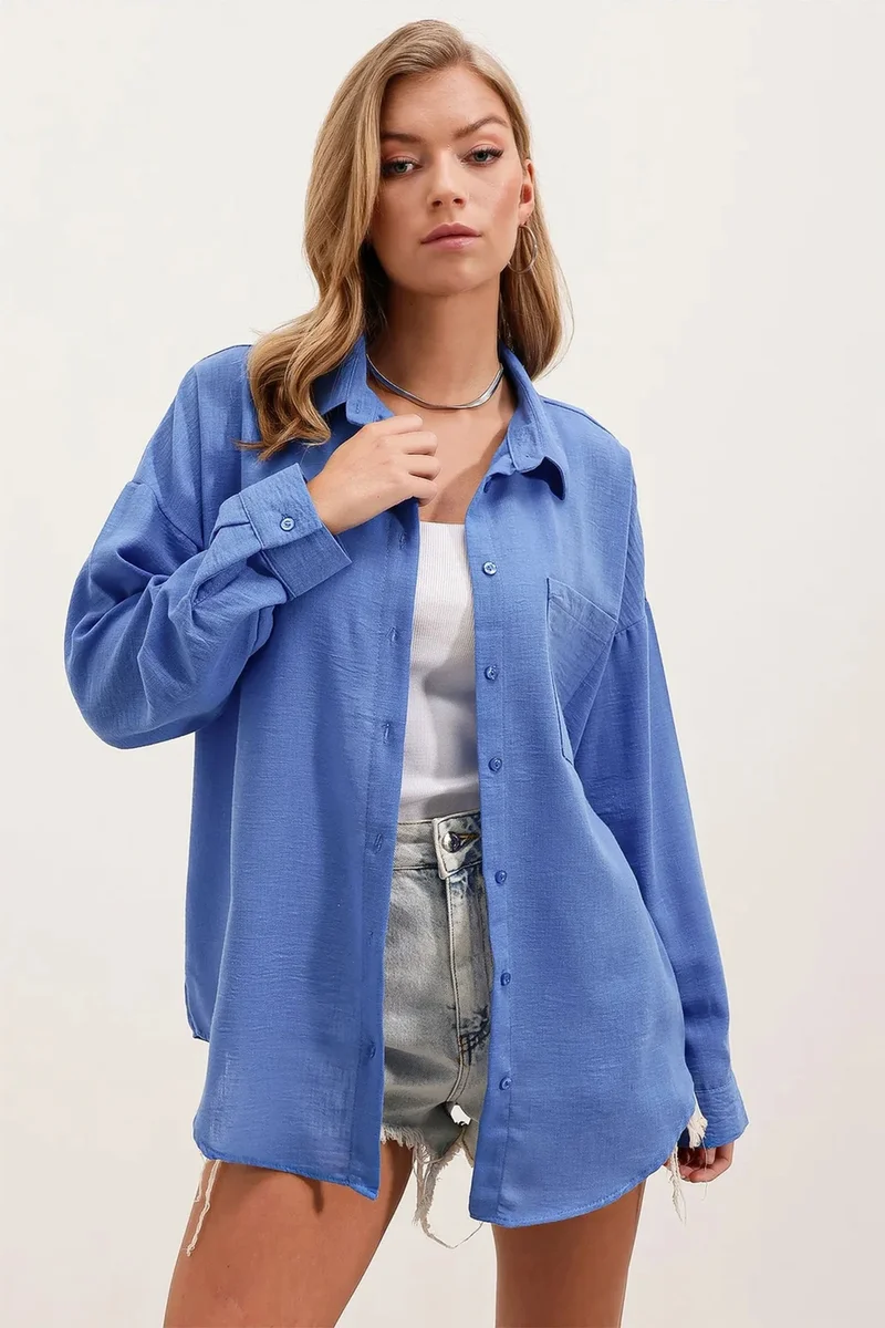 Big Dart Cornflower Blue BDART Linen Blended Shirt with Button Closure for Women | Best Price UAE