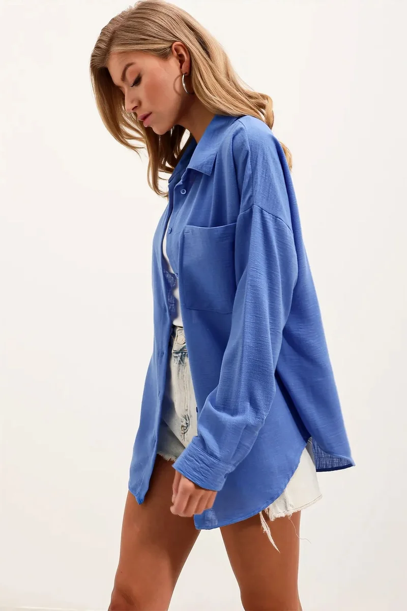 Big Dart Cornflower Blue BDART Linen Blended Shirt with Button Closure for Women | Best Price UAE